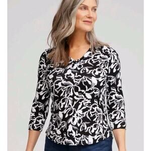 Chico's Pima Everyday Tee Abstract Floral Black White